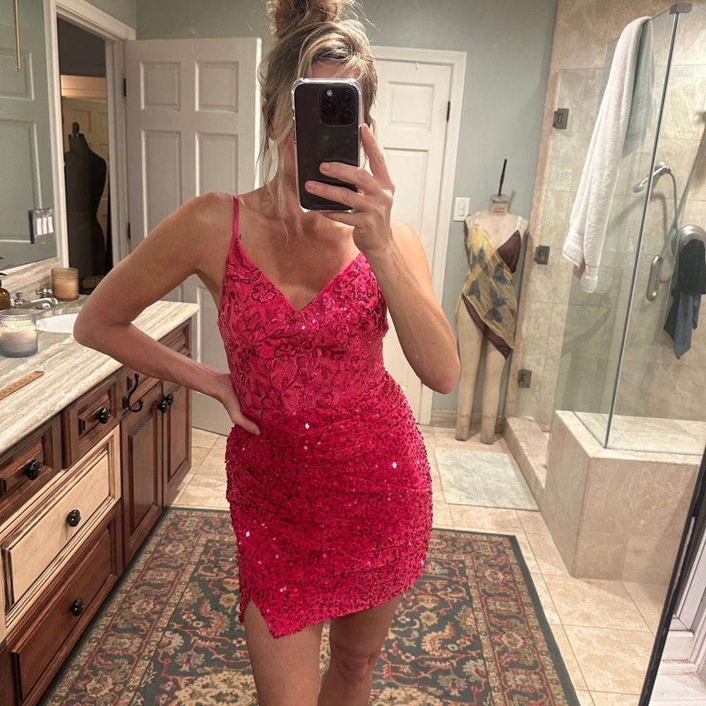Pink Sequin Formal Mini Dress. New with tags. Barbie pink. Size 4